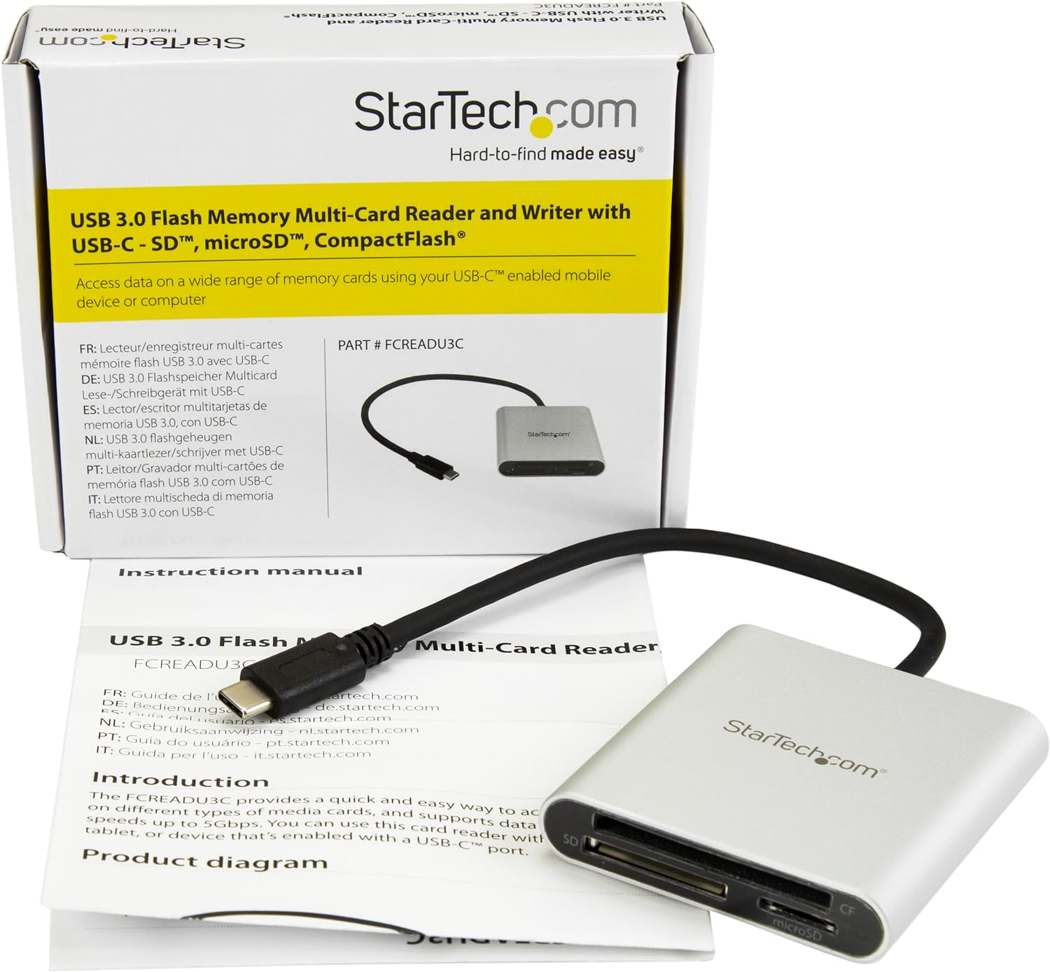 StarTech.com USB 3.0 Flash Memory Multi-Card Reader/Writer with USB-C - SD microSD and CompactFlash Card Reader w/ Integrated USB-C Cable (FCREADU3C