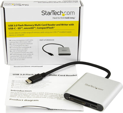 StarTech.com USB 3.0 Flash Memory Multi-Card Reader/Writer with USB-C - SD microSD and CompactFlash Card Reader w/ Integrated USB-C Cable (FCREADU3C