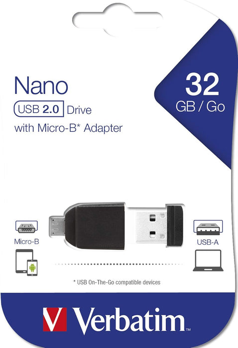Verbatim 32GB Nano USB Flash Drive with USB OTG Micro Adapter - Black