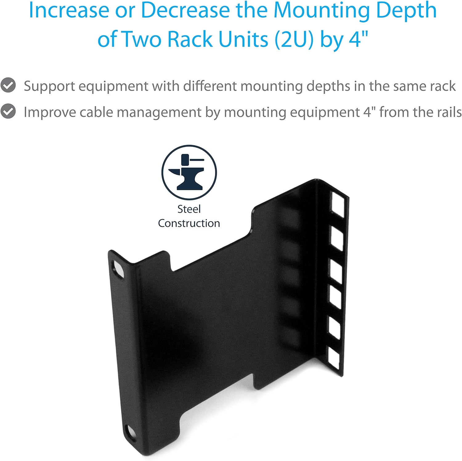 StarTech.com Server Rack Depth Extender - 2U - 4in / 10 cm - TAA Compliant - Recessed Rack Adapter - Rack Mount Adapter Kit - Network Rack Extender (RDA2U