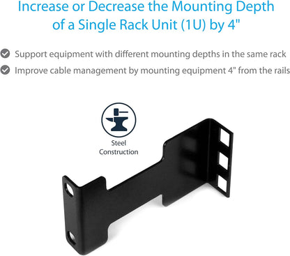 StarTech.com Server Rack Depth Extender - 1U - 4in / 10 cm - TAA Compliant - Recessed Rack Adapter - Rack Mount Adapter Kit - Network Rack Extender (RDA1U