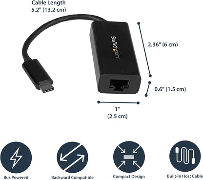 StarTech.com USB-C to Gigabit Ethernet Adapter - Black - Thunderbolt 3 Compatible - Windows & Mac - RJ45 LAN Network Converter (US1GC30B