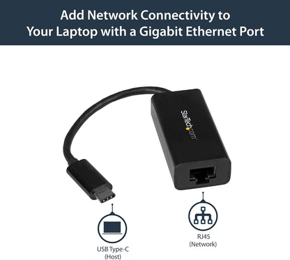 StarTech.com USB-C to Gigabit Ethernet Adapter - Black - Thunderbolt 3 Compatible - Windows & Mac - RJ45 LAN Network Converter (US1GC30B