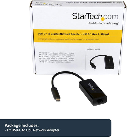 StarTech.com USB-C to Gigabit Ethernet Adapter - Black - Thunderbolt 3 Compatible - Windows & Mac - RJ45 LAN Network Converter (US1GC30B
