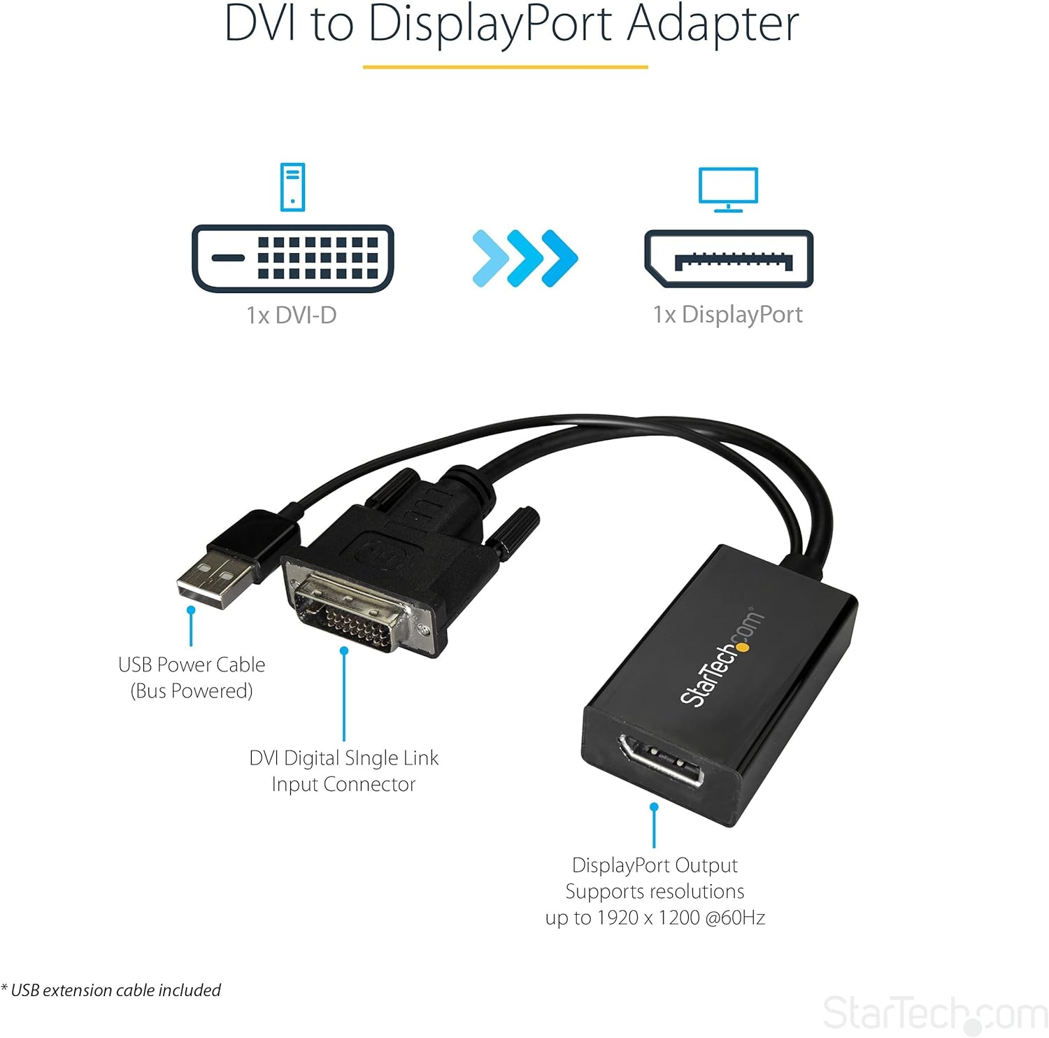 StarTech.com Adaptateur DVI vers DisplayPort - Alimentation USB - 1920 x 1200 - Convertisseur DVI vers DisplayPort - Adaptateur Vidéo - DVI-D vers DP (DVI2DP2