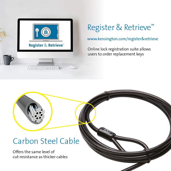 Kensington MicroSaver Schließsystem für Desktop- und Peripheriegeräte 2.0 mit 5 mm Schlüsselsystem, Carbonstahl-Kabel und mehrteiligem Sicherheitssystem - 2,4 m Länge (K64424WW