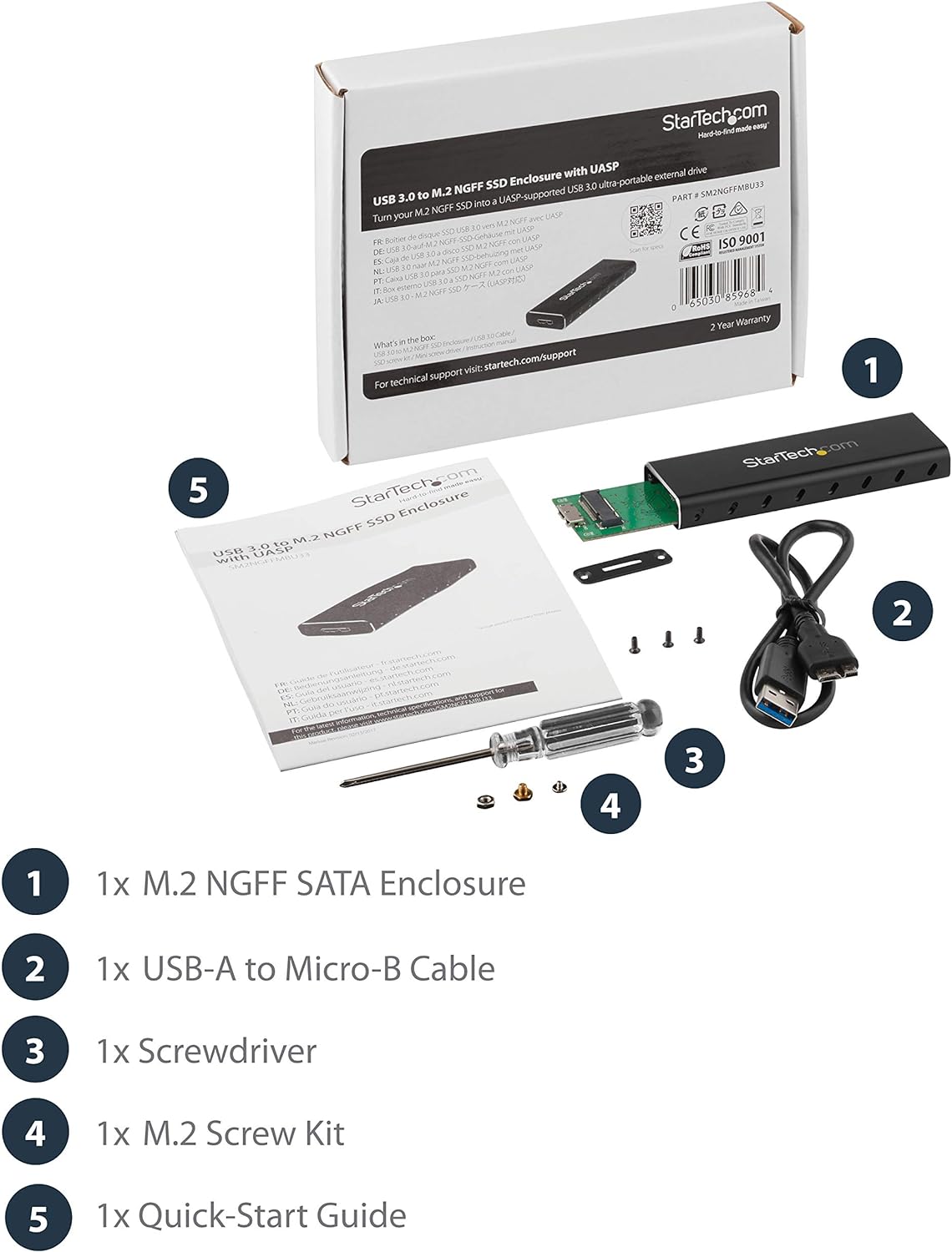 StarTech.com M.2 SSD Aluminum Enclosure to USB 3.0 (5Gbps) with UASP - Black - M.2 NGFF SATA with B Key & B+M Key - External M.2 Portable Enclosure - Not Compatible with NVMe / AHCI (SM2NGFFMBU33
