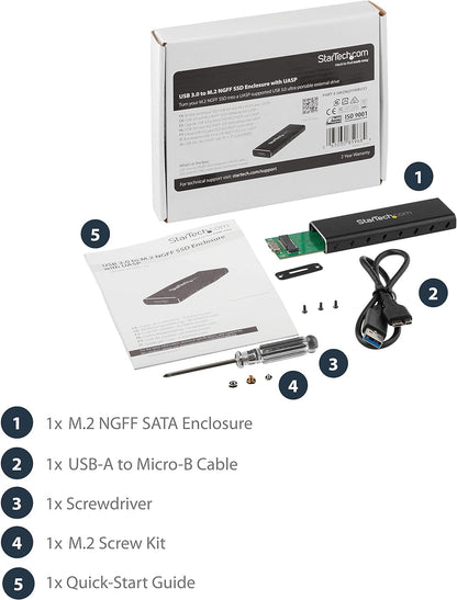 StarTech.com M.2 SSD Aluminum Enclosure to USB 3.0 (5Gbps) with UASP - Black - M.2 NGFF SATA with B Key & B+M Key - External M.2 Portable Enclosure - Not Compatible with NVMe / AHCI (SM2NGFFMBU33