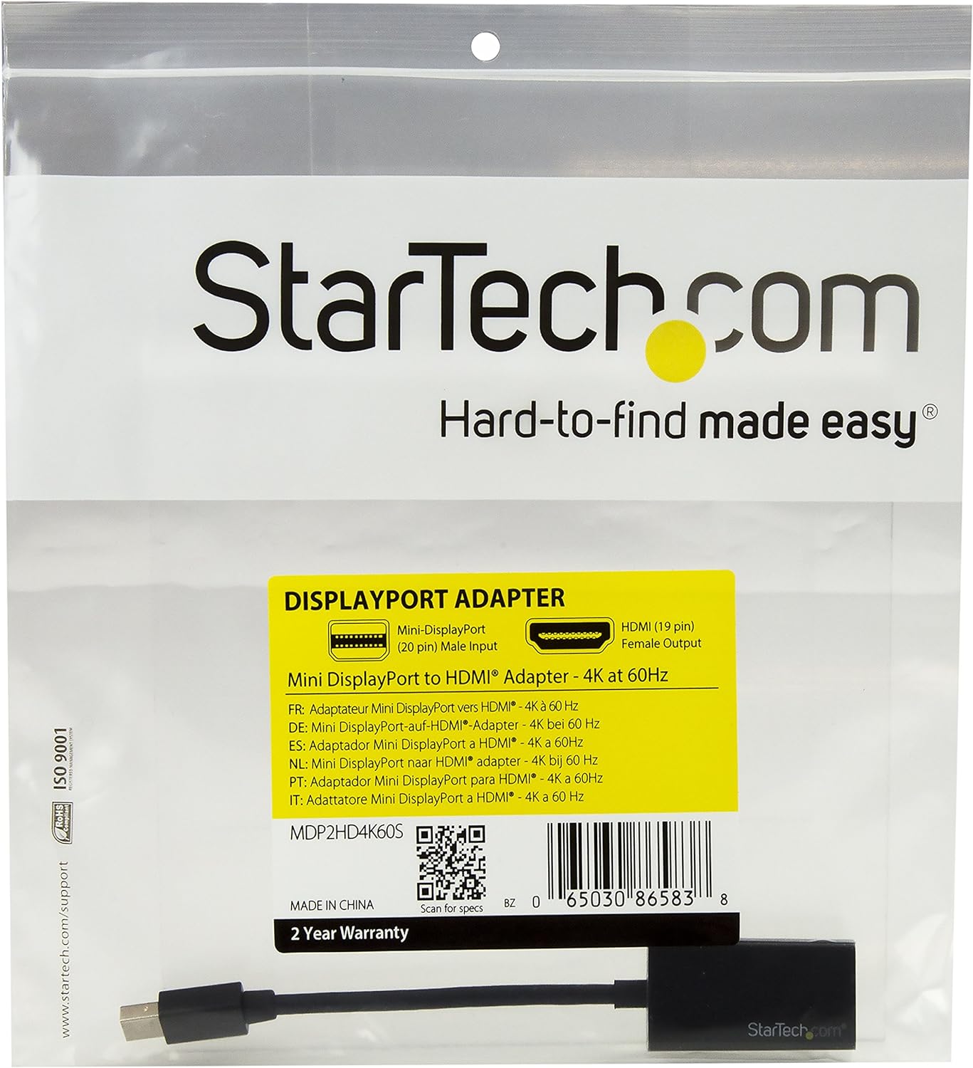 StarTech.com Mini DisplayPort to HDMI Adapter - Active mDP 1.4 to HDMI 2.0 Video Converter - 4K 60Hz - Mini DP or Thunderbolt 1/2 Mac/PC to HDMI Monitor/TV/Display - mDP to HDMI Dongle (MDP2HD4K60S