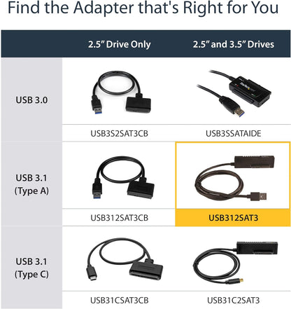 StarTech.com USB to SATA Adapter Cable - 2.5in and 3.5in Drives - USB 3.1 - 10Gbps - External Hard Drive Cable - Hard Drive Adapter Cable (USB312SAT3