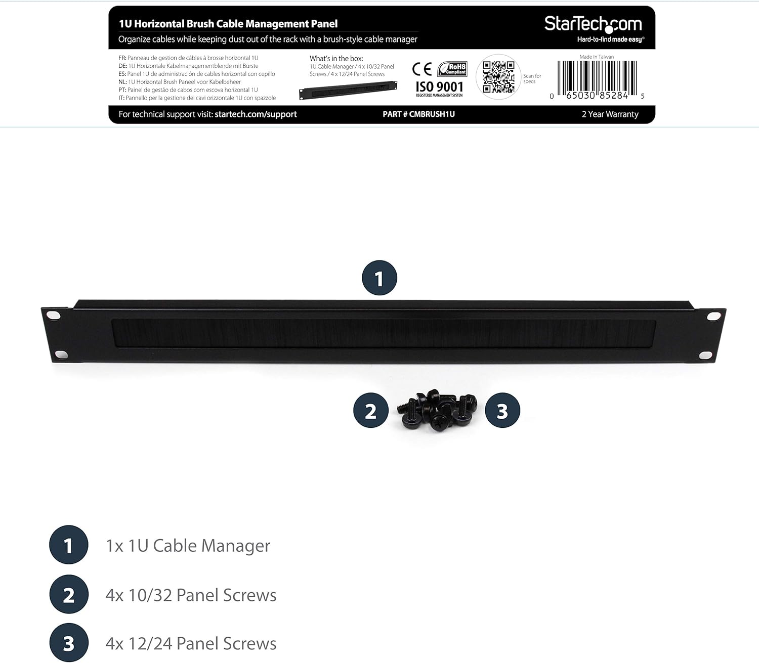 StarTech.com 1U High-density Brush Strip Cable Management Panel - Sturdy Steel Horizontal Data Centre Cable Management Panel (CMBRUSH1U