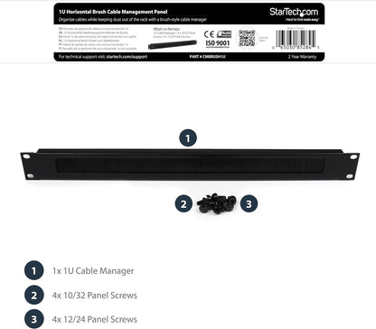 StarTech.com 1U High-density Brush Strip Cable Management Panel - Sturdy Steel Horizontal Data Centre Cable Management Panel (CMBRUSH1U