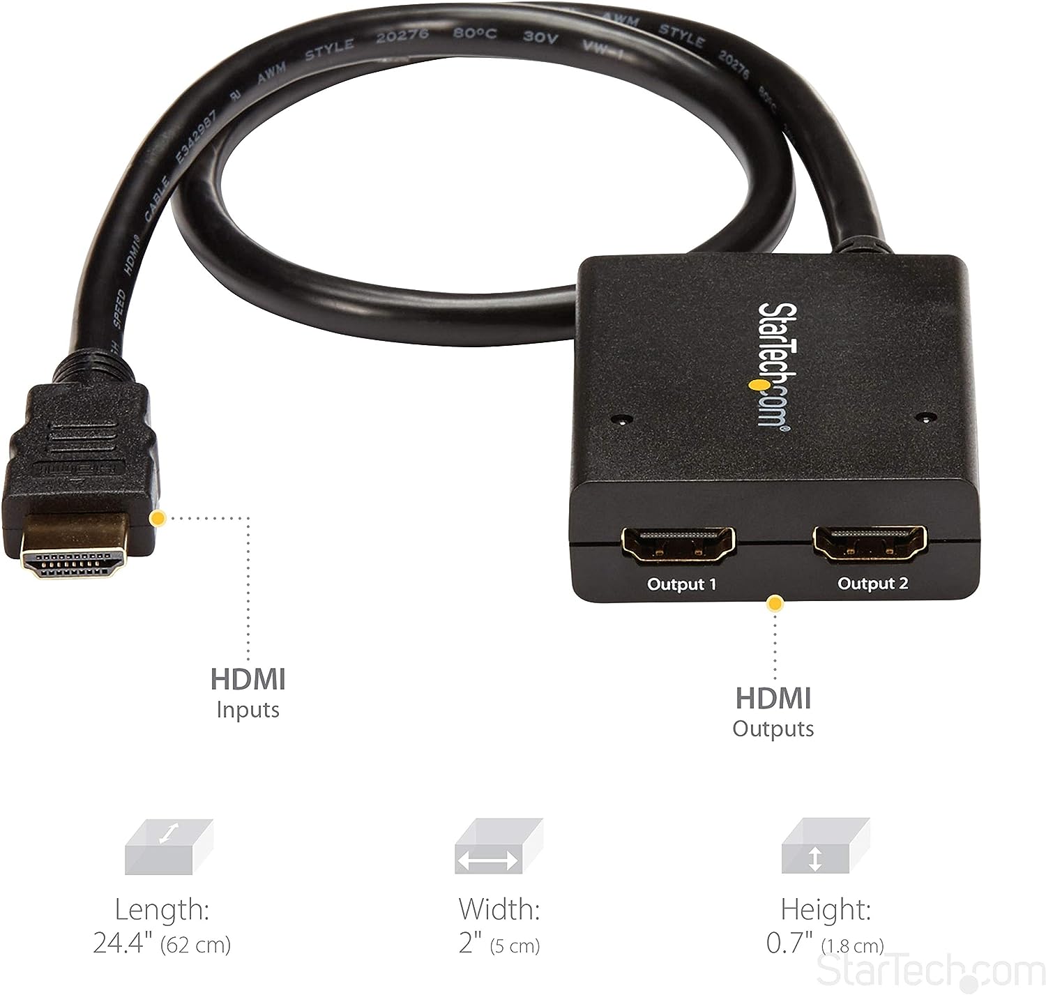 StarTech.com 4K HDMI Splitter 1 In 2 Out - 4K 30Hz HDMI 1.4 2 Port Video Splitter Box -with high speed HDMI cable, USB power cable - Black (ST122HD4KU