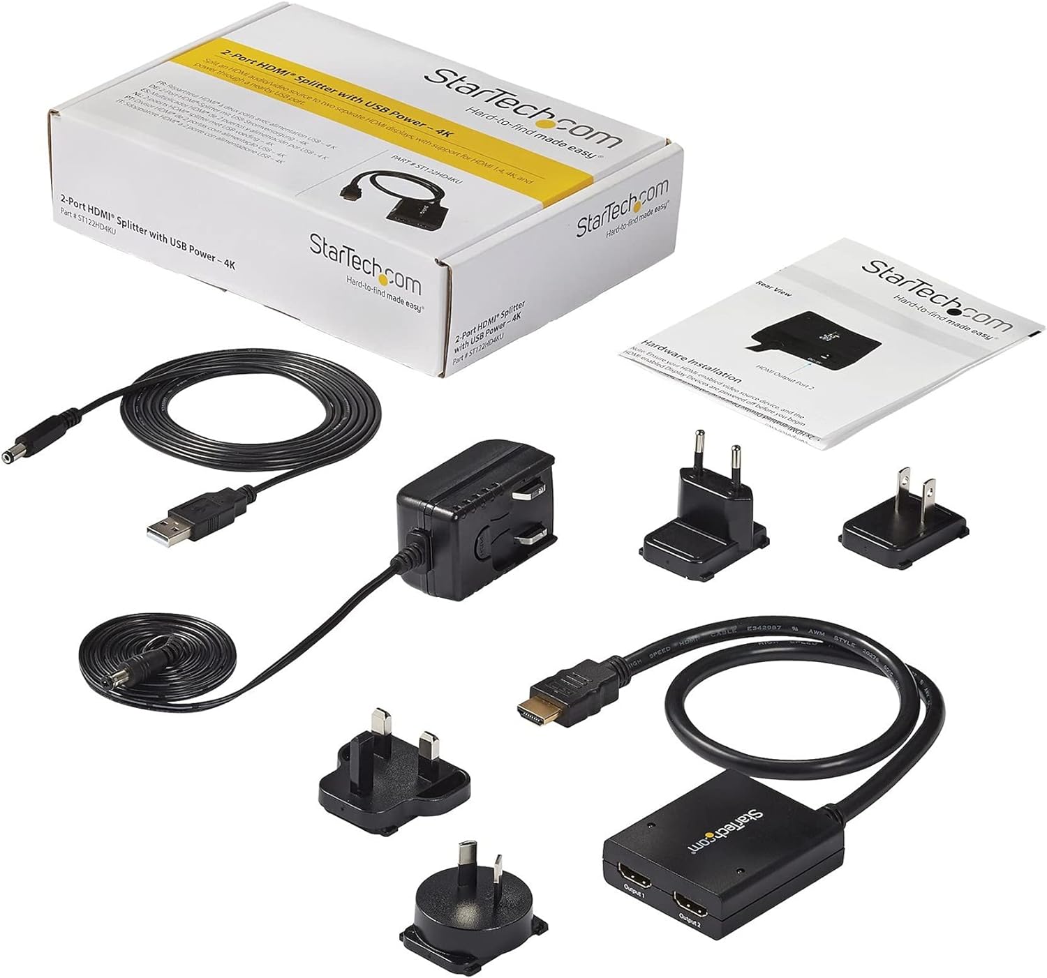 StarTech.com 4K HDMI Splitter 1 In 2 Out - 4K 30Hz HDMI 1.4 2 Port Video Splitter Box -with high speed HDMI cable, USB power cable - Black (ST122HD4KU