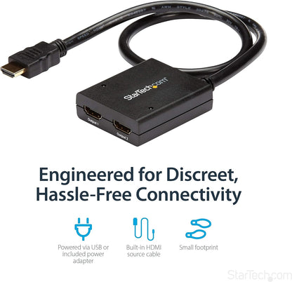 StarTech.com 4K HDMI Splitter 1 In 2 Out - 4K 30Hz HDMI 1.4 2 Port Video Splitter Box -with high speed HDMI cable, USB power cable - Black (ST122HD4KU