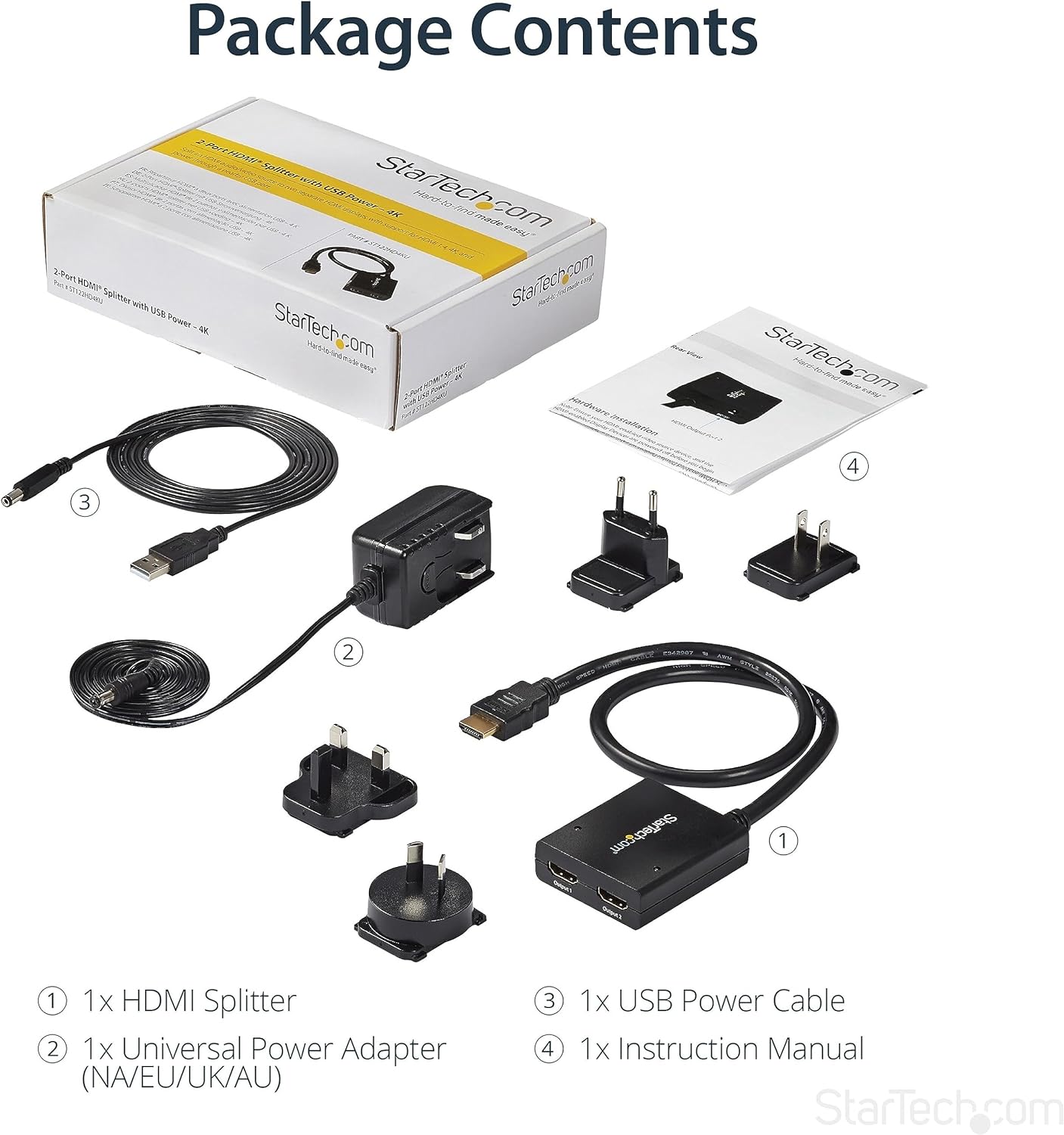 StarTech.com 4K HDMI Splitter 1 In 2 Out - 4K 30Hz HDMI 1.4 2 Port Video Splitter Box -with high speed HDMI cable, USB power cable - Black (ST122HD4KU