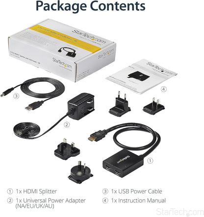 StarTech.com 4K HDMI Splitter 1 In 2 Out - 4K 30Hz HDMI 1.4 2 Port Video Splitter Box -with high speed HDMI cable, USB power cable - Black (ST122HD4KU