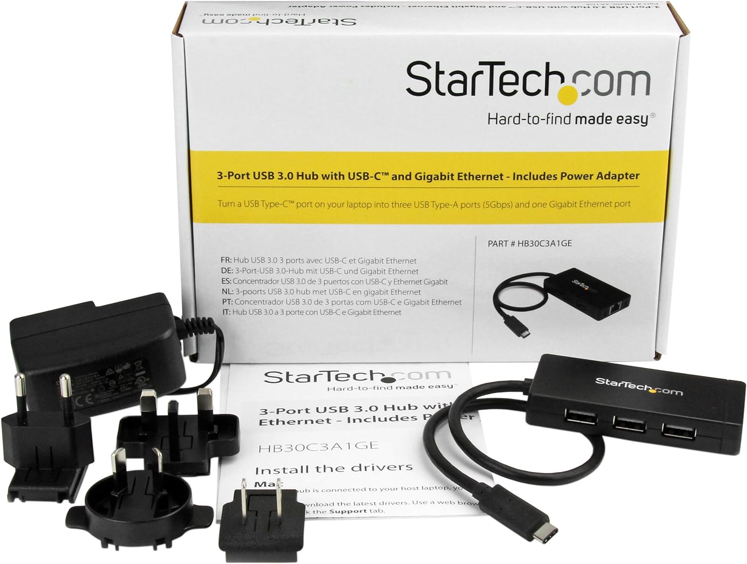 StarTech.com 3 Port USB C Hub with Ethernet - USB-C to 3x USB-A w/ Power Adapter & Gigabit Ethernet - Thunderbolt 3 Compatible - USB C Network Adapter (HB30C3A1GE