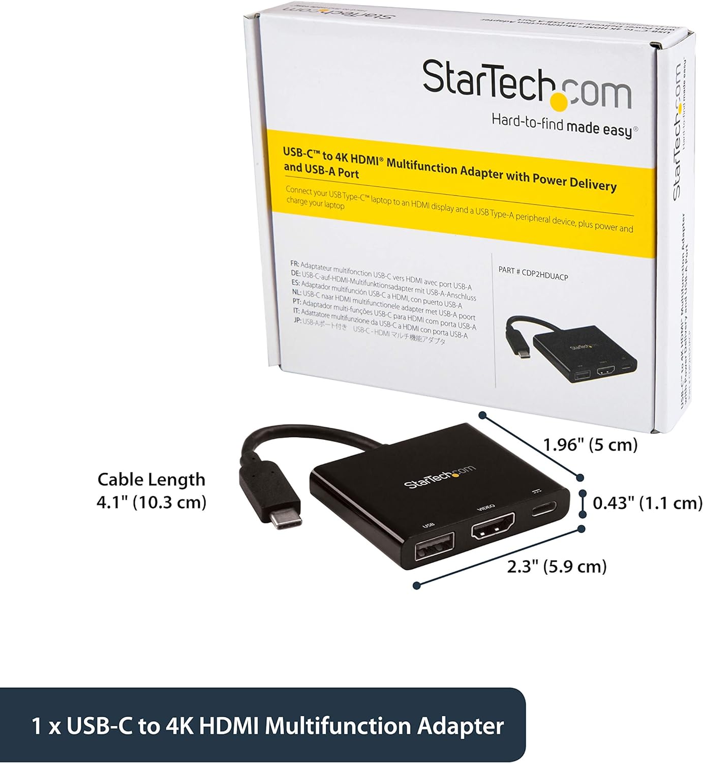 StarTech.com USB-C to HDMI Adapter - 4K 30Hz - Thunderbolt 3 Compatible - with Power Delivery (USB PD) - USB C Adapter Converter (CDP2HDUACP