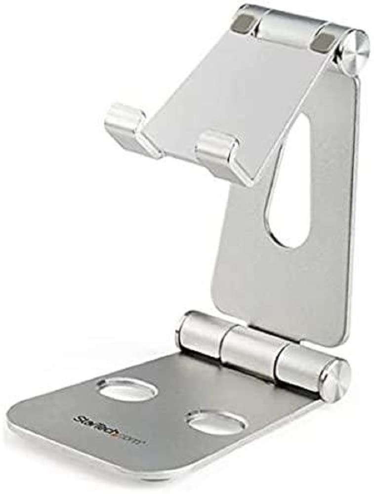 StarTech.com Phone and Tablet Stand - Foldable Universal Mobile Device Holder for Smartphones & Tablets - Adjustable Multi-Angle Ergonomic Cell Phone Stand for Desk - Portable - Silver (USPTLSTND)