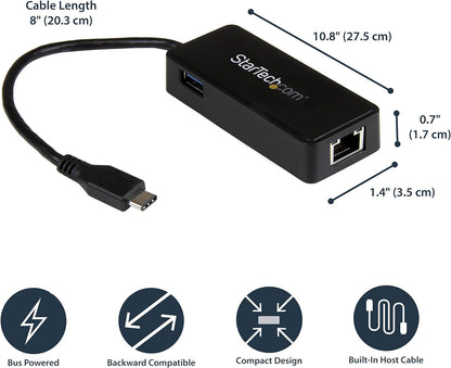 StarTech.com USB-C to Ethernet Gigabit Adapter - Thunderbolt 3 Compatible - USB Type C Network Adapter - USB C Ethernet Adapter (US1GC301AU