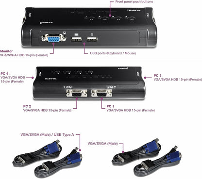 TRENDnet 4-Port USB KVM Switch Kit, VGA and USB Connections, 2048 x 1536 Resolution, Cabling Included, Control Up to 4 Computers, Compliant with Window, Linux, and Mac OS, White, TK-407K 4 Port VGA USB