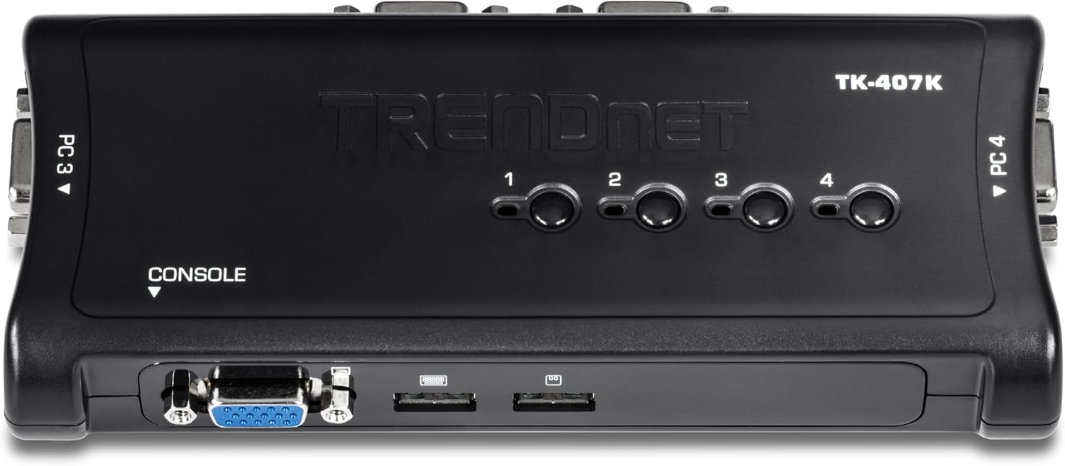 TRENDnet 4-Port USB KVM Switch Kit, VGA and USB Connections, 2048 x 1536 Resolution, Cabling Included, Control Up to 4 Computers, Compliant with Window, Linux, and Mac OS, White, TK-407K 4 Port VGA USB