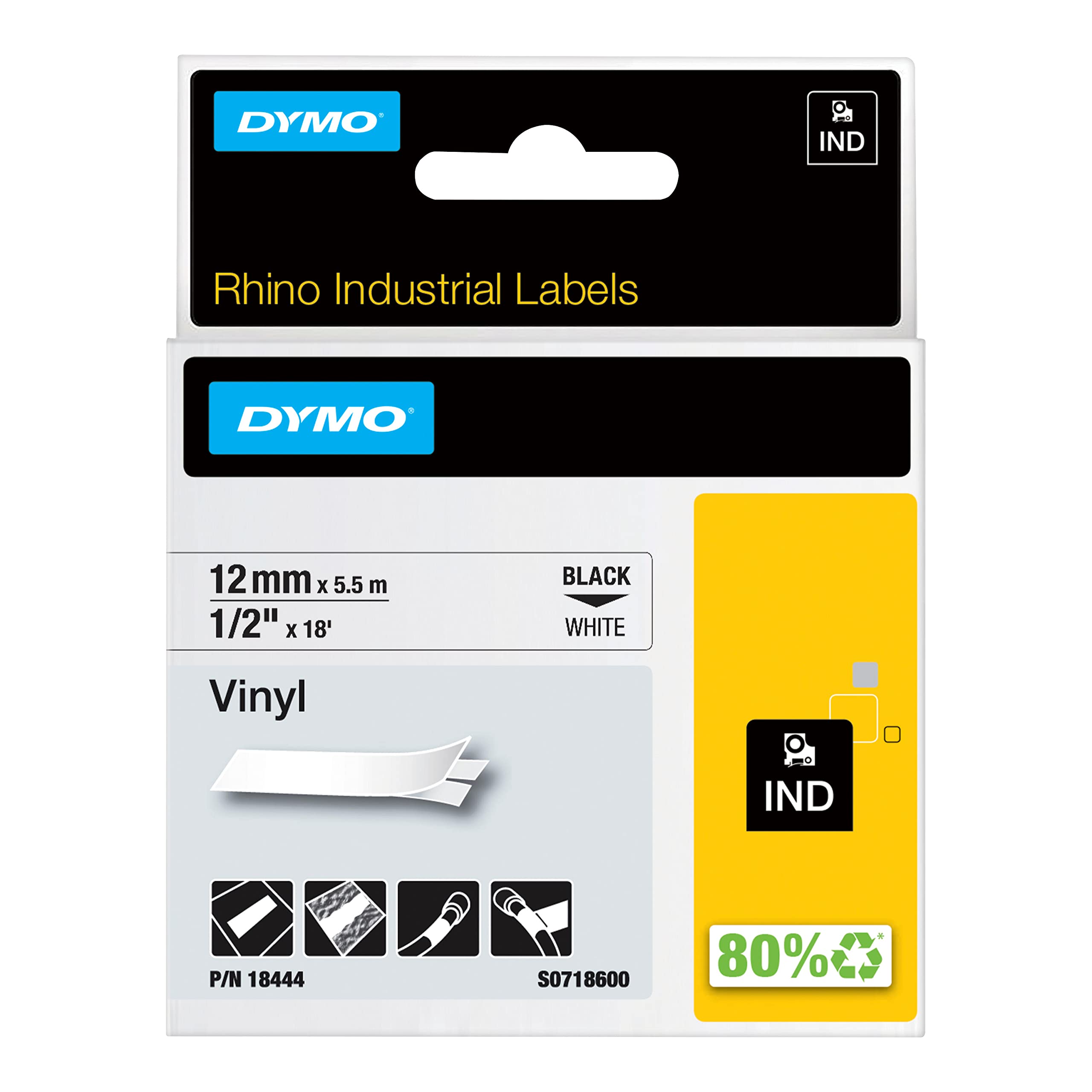 DYMO Rhino Industrial Vinyl Labels | 12 mm x 5.5 m Roll | Black Print on White | Self-Adhesive | for Rhino & LabelManager Label Makers