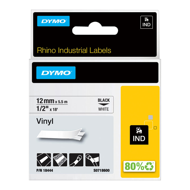 DYMO Rhino Industrial Vinyl Labels | 12 mm x 5.5 m Roll | Black Print on White | Self-Adhesive | for Rhino & LabelManager Label Makers