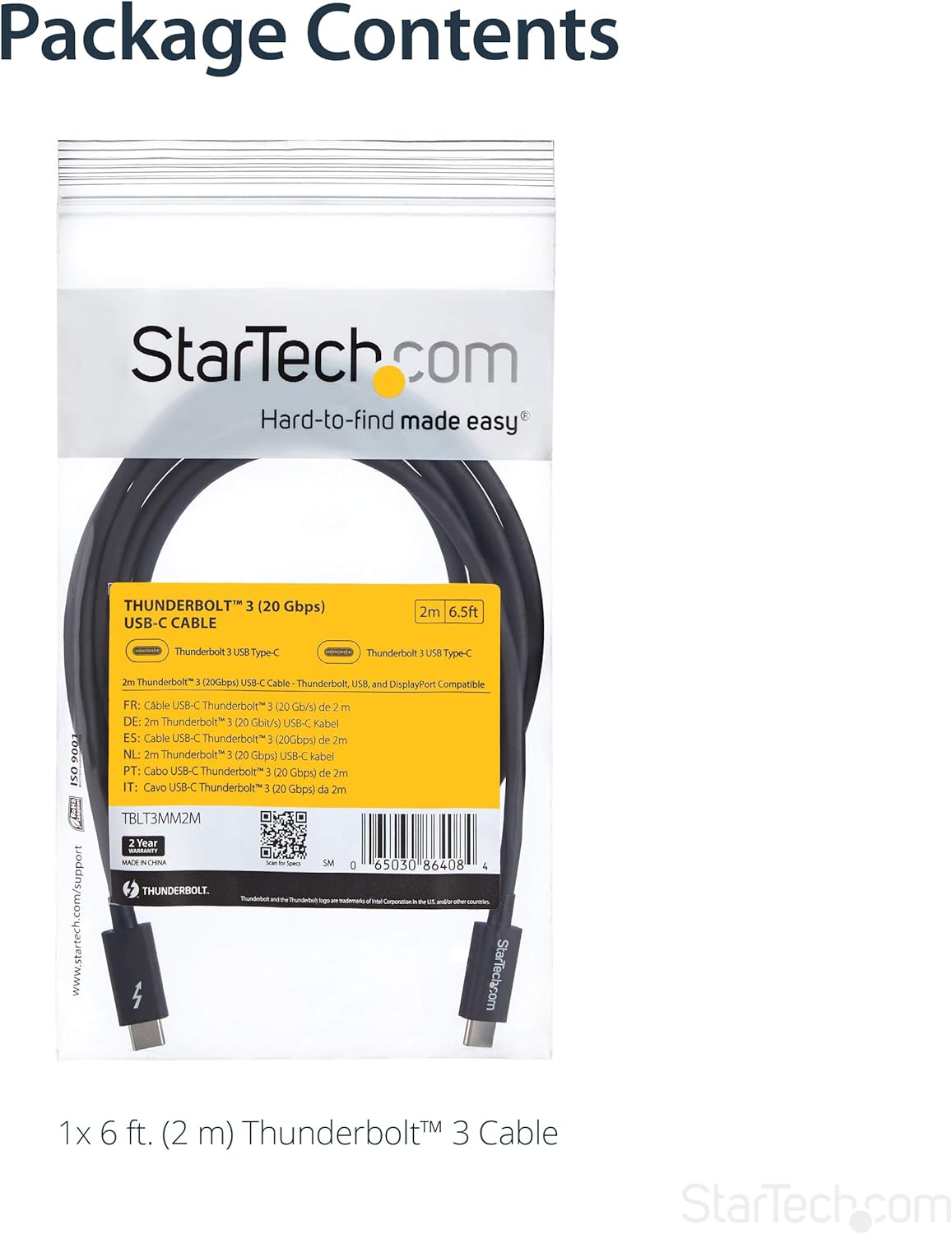StarTech.com 2m (6.6ft) Passive Thunderbolt 3 Cable, 20Gbps, 100W PD, 4K Video, Thunderbolt Cable, Compatible with USB4/DP Alt Mode, Thunderbolt 4, USB 3.2/Type-C (TBLT3MM2M