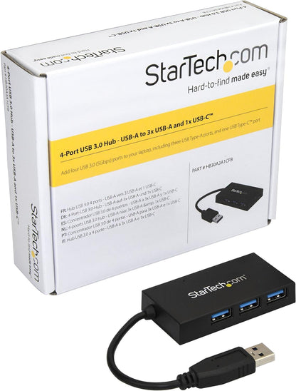 StarTech.com 4 Port USB 3.0 Hub - USB Type-A Hub with 1x USB-C & 3x USB-A Ports (SuperSpeed 5Gbps) - USB Bus Powered - USB 3.1 Gen 1 Adapter Hub - Portable/Laptop USB Hub (HB30A3A1CFB