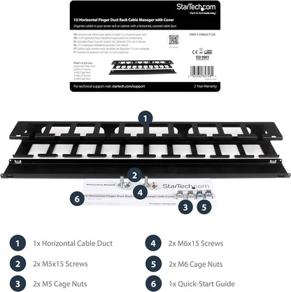 StarTech.com 1U Horizontal Finger Duct Rack Cable Management Panel with Cover - Server Rack Cable Duct - Rack Cable Organizer / Manager (CMDUCT1UX