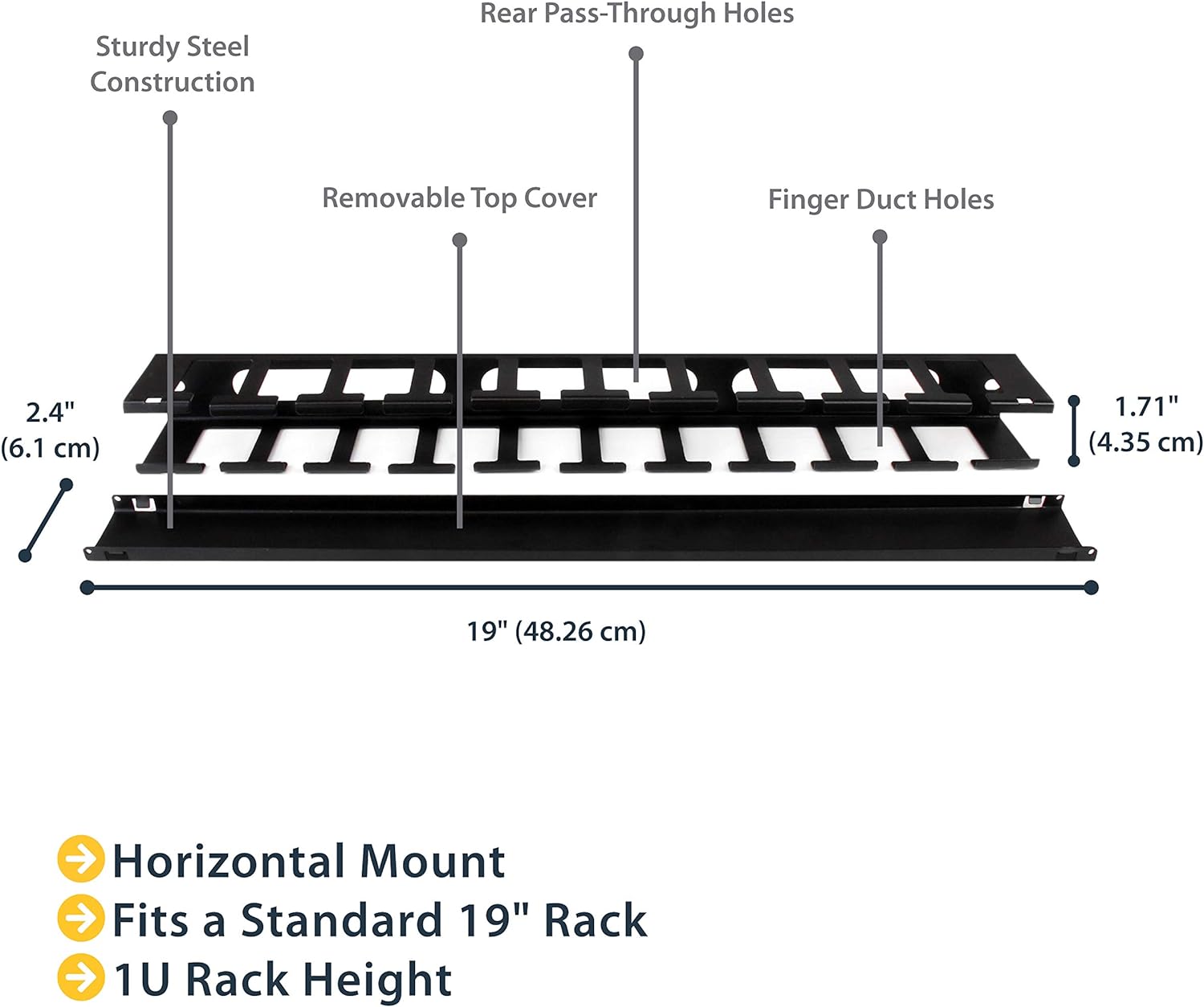 StarTech.com 1U Horizontal Finger Duct Rack Cable Management Panel with Cover - Server Rack Cable Duct - Rack Cable Organizer / Manager (CMDUCT1UX