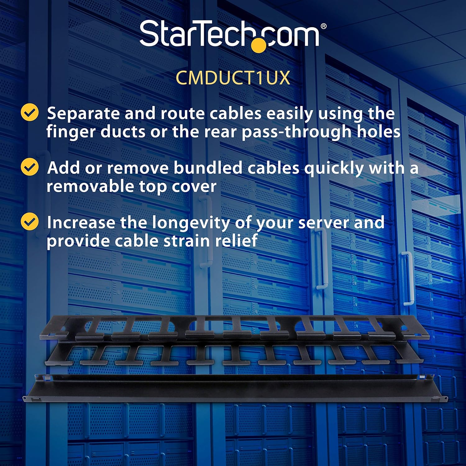 StarTech.com 1U Horizontal Finger Duct Rack Cable Management Panel with Cover - Server Rack Cable Duct - Rack Cable Organizer / Manager (CMDUCT1UX