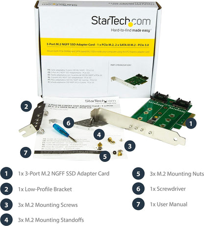 StarTech.com 3-port M.2 SSD (NGFF) Adapter Card - Supports 1x PCIe (NVMe) M.2 SSD, 2x SATA III M.2 SSDs - PCIe 3.0 Adapter (PEXM2SAT32N1
