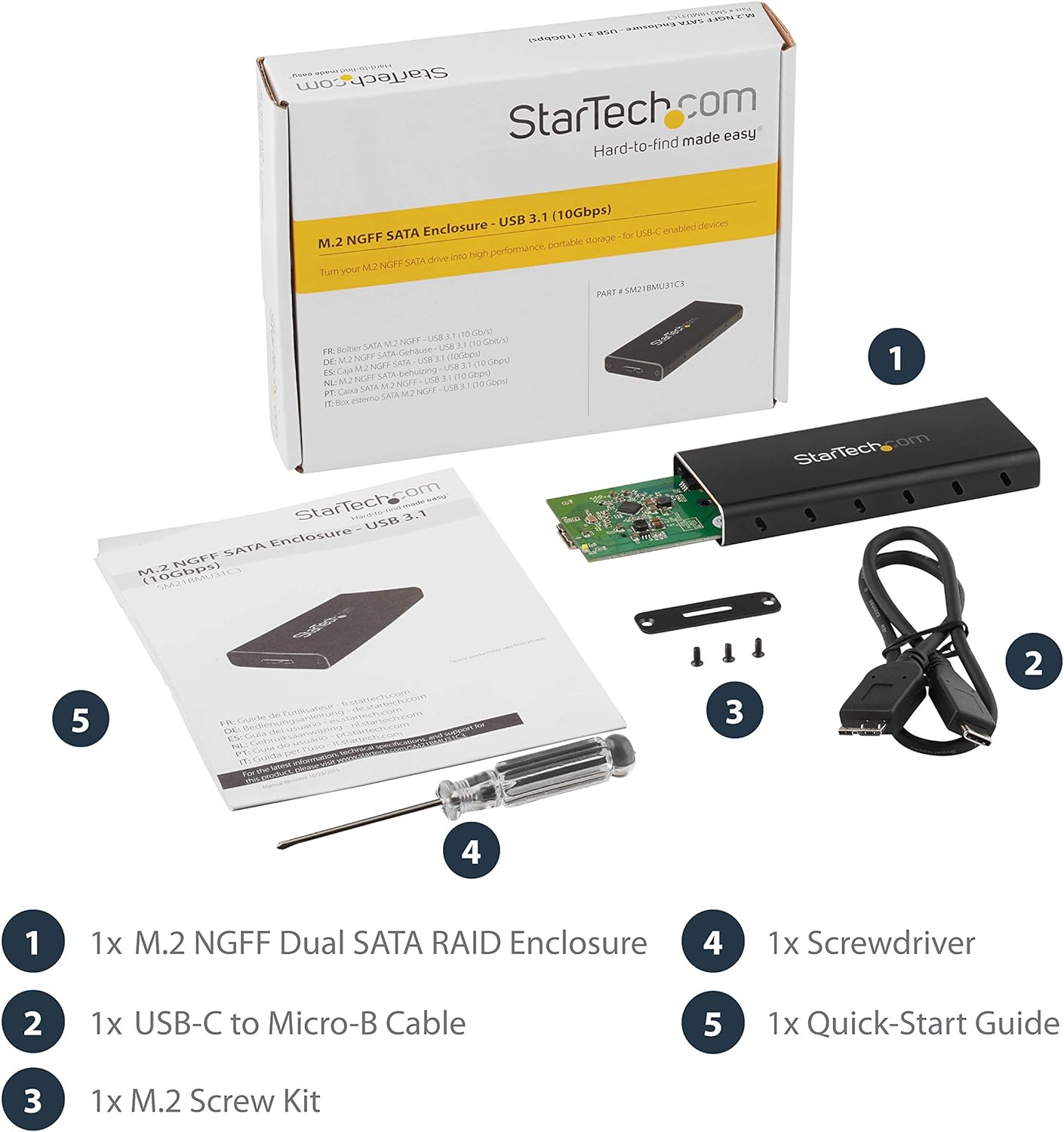 StarTech.com M.2 SSD Enclosure for M.2 SATA SSDs - USB 3.1 (10Gbps) with USB-C Cable - External Enclosure for USB-C Host - Aluminum (SM21BMU31C3