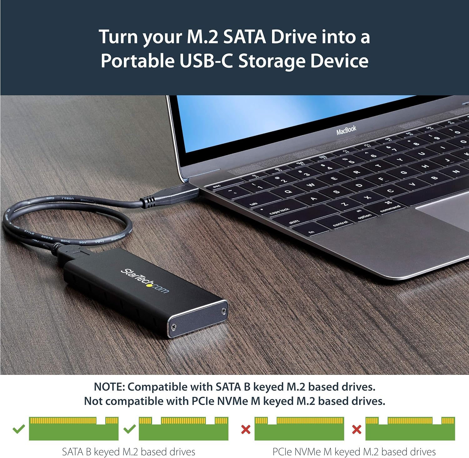 StarTech.com M.2 SSD Enclosure for M.2 SATA SSDs - USB 3.1 (10Gbps) with USB-C Cable - External Enclosure for USB-C Host - Aluminum (SM21BMU31C3