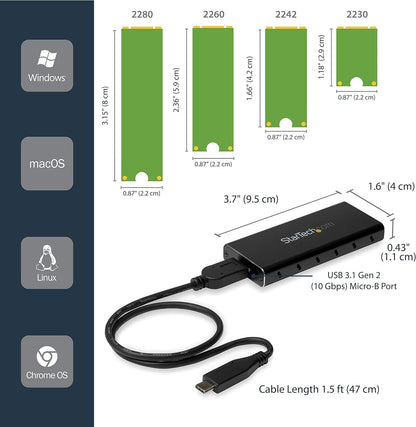 StarTech.com M.2 SSD Enclosure for M.2 SATA SSDs - USB 3.1 (10Gbps) with USB-C Cable - External Enclosure for USB-C Host - Aluminum (SM21BMU31C3