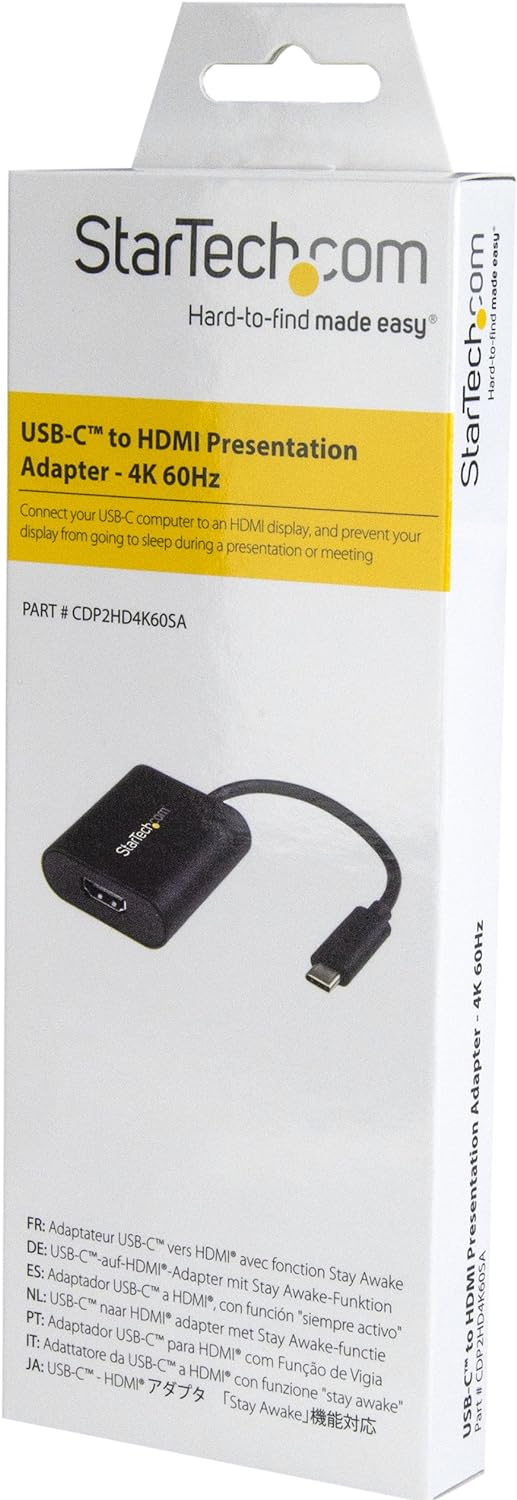 StarTech.com USB C to 4K HDMI Adapter - 4K 60Hz - Thunderbolt 3 Compatible - USB Type C to HDMI Video Display Adapter (CDP2HD4K60SA