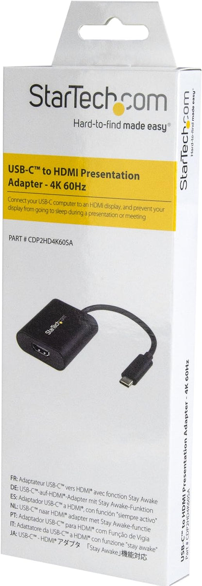StarTech.com USB C to 4K HDMI Adapter - 4K 60Hz - Thunderbolt 3 Compatible - USB Type C to HDMI Video Display Adapter (CDP2HD4K60SA