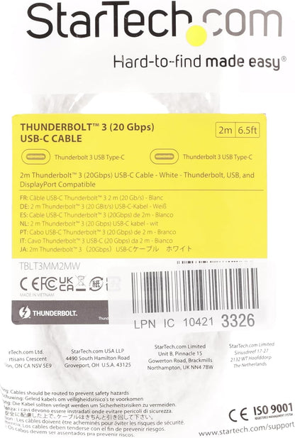 StarTech.com 6.6ft (2m) Passive Thunderbolt 3 Cable, 20Gbps, 100W PD, 4K Video, Thunderbolt Cable, Compatible with USB4/DP Alt Mode, Thunderbolt 4, USB 3.2/Type-C (TBLT3MM2MW