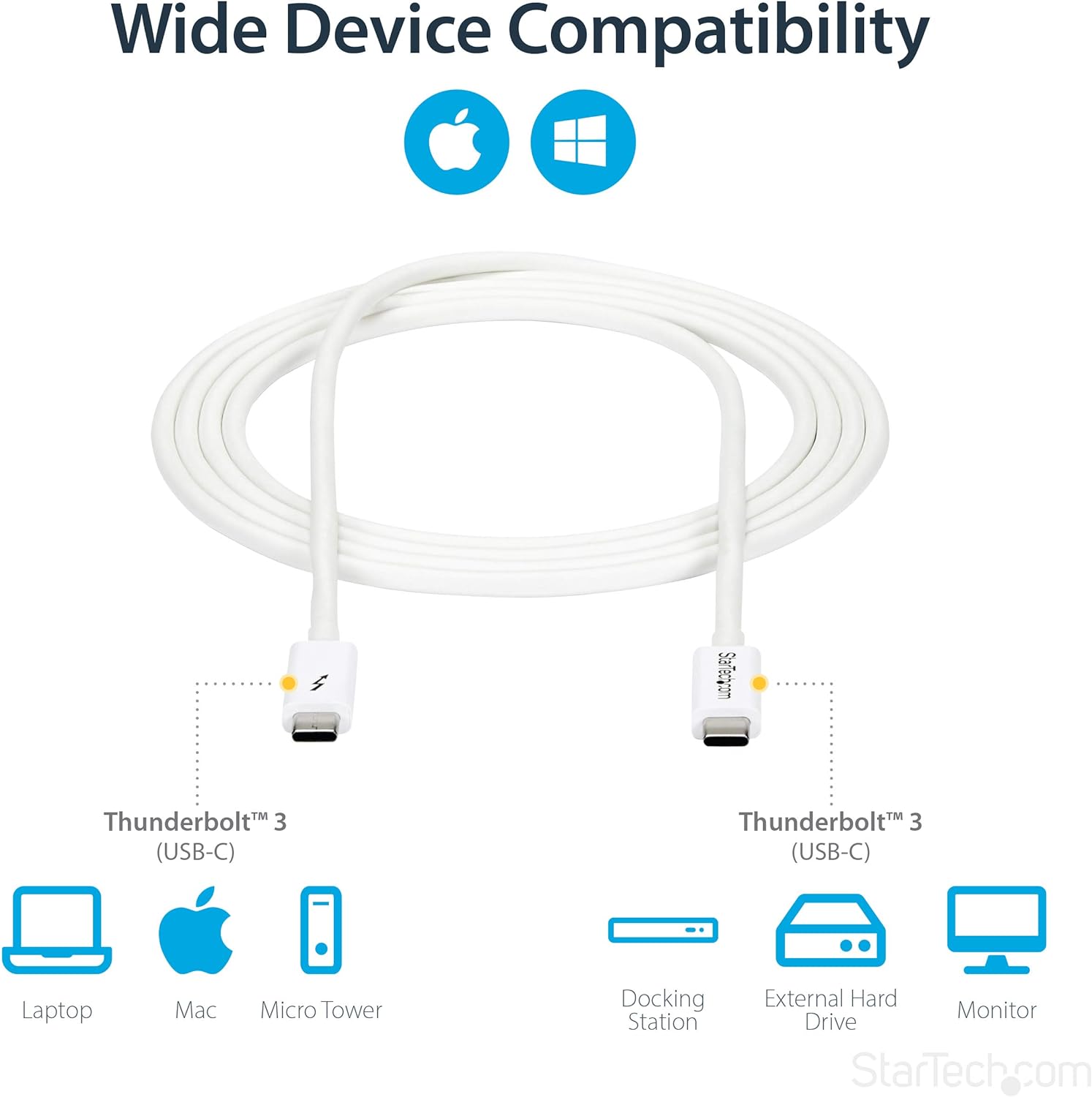 StarTech.com 6.6ft (2m) Passive Thunderbolt 3 Cable, 20Gbps, 100W PD, 4K Video, Thunderbolt Cable, Compatible with USB4/DP Alt Mode, Thunderbolt 4, USB 3.2/Type-C (TBLT3MM2MW