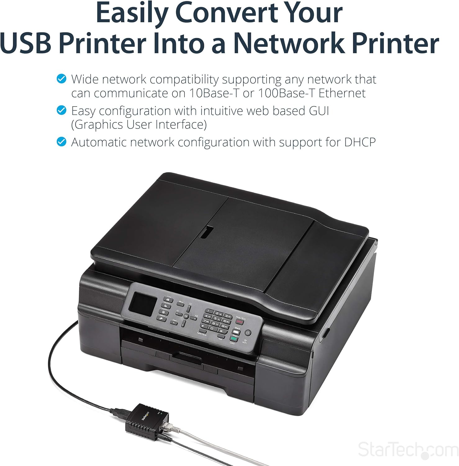 StarTech.com 10/100Mbps Ethernet to USB 2.0 Network Print Server - Windows 10 - LPR - LAN USB Print Server Adapter (PM1115U2