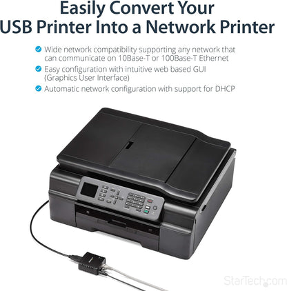 StarTech.com 10/100Mbps Ethernet to USB 2.0 Network Print Server - Windows 10 - LPR - LAN USB Print Server Adapter (PM1115U2