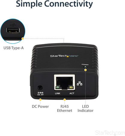 StarTech.com 10/100Mbps Ethernet to USB 2.0 Network Print Server - Windows 10 - LPR - LAN USB Print Server Adapter (PM1115U2