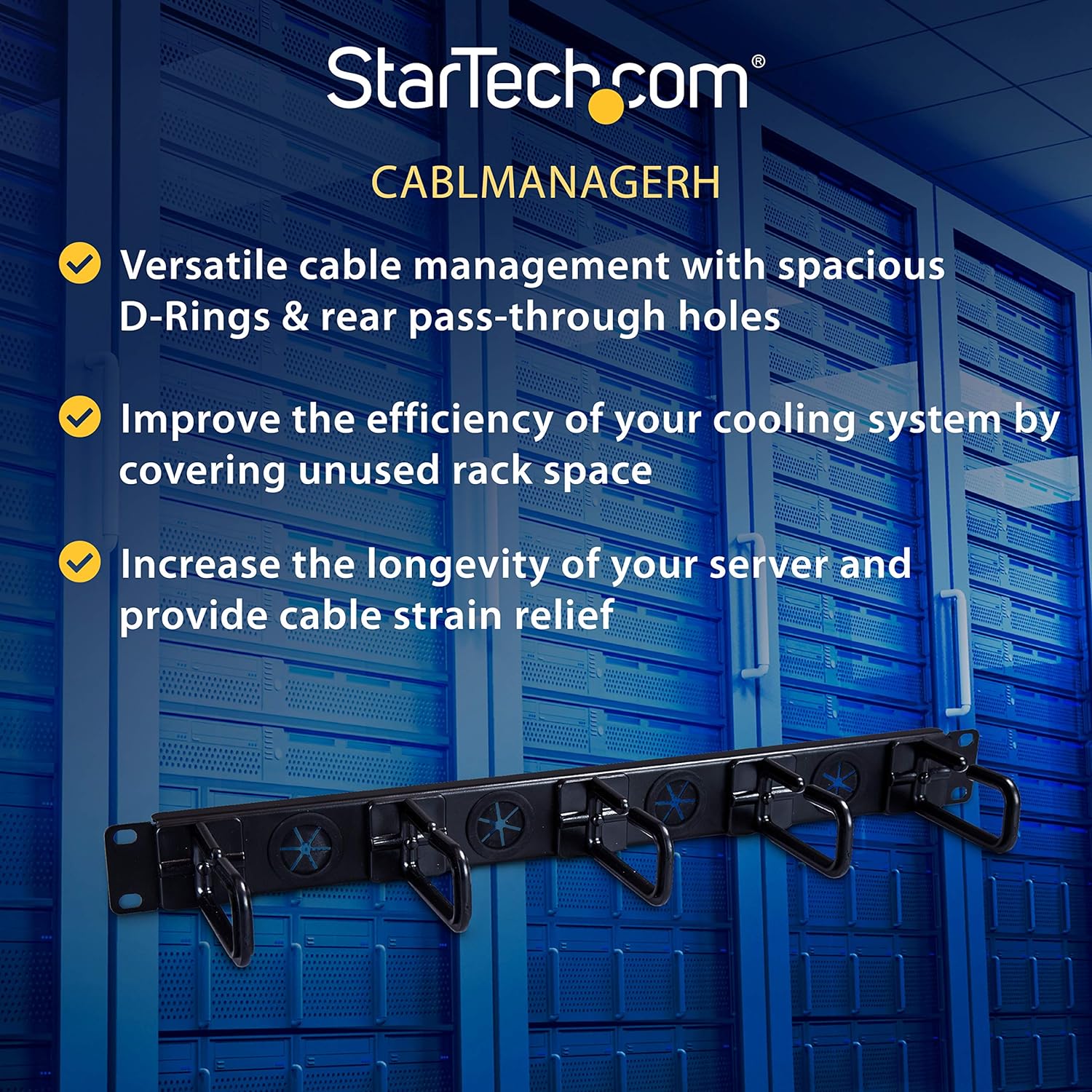 StarTech.com 1U 19" Cable Management Organizer - D Ring Hook Network/Server Rack Cord Manager - Data Center Horizontal Wire Panel with Passthrough Holes w/Mounting HW - EIA/ECA-310-E (CABLMANAGERH) 1U D-Ring Hooks + Pass-thru