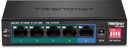 TRENDnet 5-Port Gigabit Long Range PoE+ Switch, TPE-LG50,4 x PoE+ Ports, 1 x Gigabit Port, Camera DIP Switch extends PoE+ 200 m (656 ft) 5-Port Long Range Gigabit PoE+