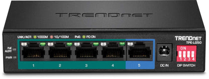 TRENDnet 5-Port Gigabit Long Range PoE+ Switch, TPE-LG50,4 x PoE+ Ports, 1 x Gigabit Port, Camera DIP Switch extends PoE+ 200 m (656 ft) 5-Port Long Range Gigabit PoE+