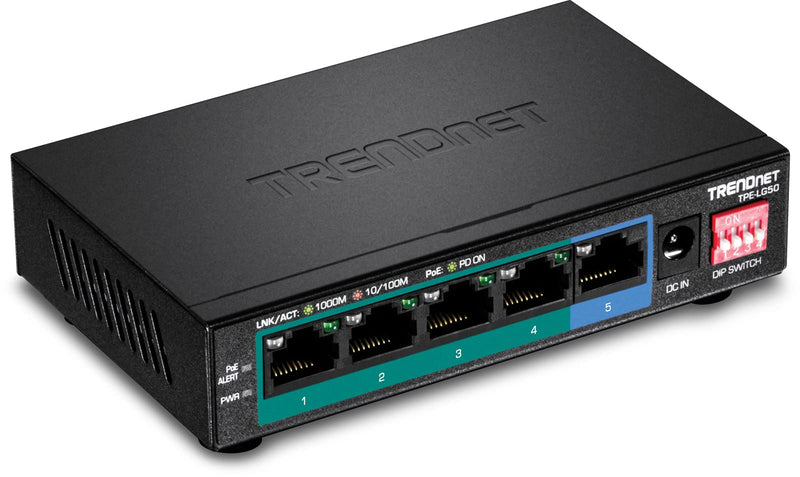 TRENDnet 5-Port Gigabit Long Range PoE+ Switch, TPE-LG50,4 x PoE+ Ports, 1 x Gigabit Port, Camera DIP Switch extends PoE+ 200 m (656 ft) 5-Port Long Range Gigabit PoE+