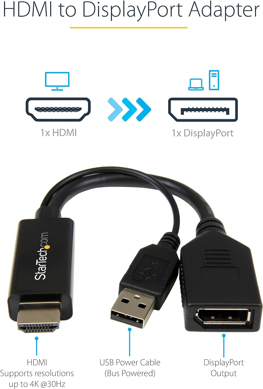 StarTech.com 4K 30Hz HDMI to DisplayPort Video Adapter w/ USB Power - 6 in - HDMI 1.4 (Male) to DP 1.2 (Female) Active Monitor Converter (HD2DP),Black